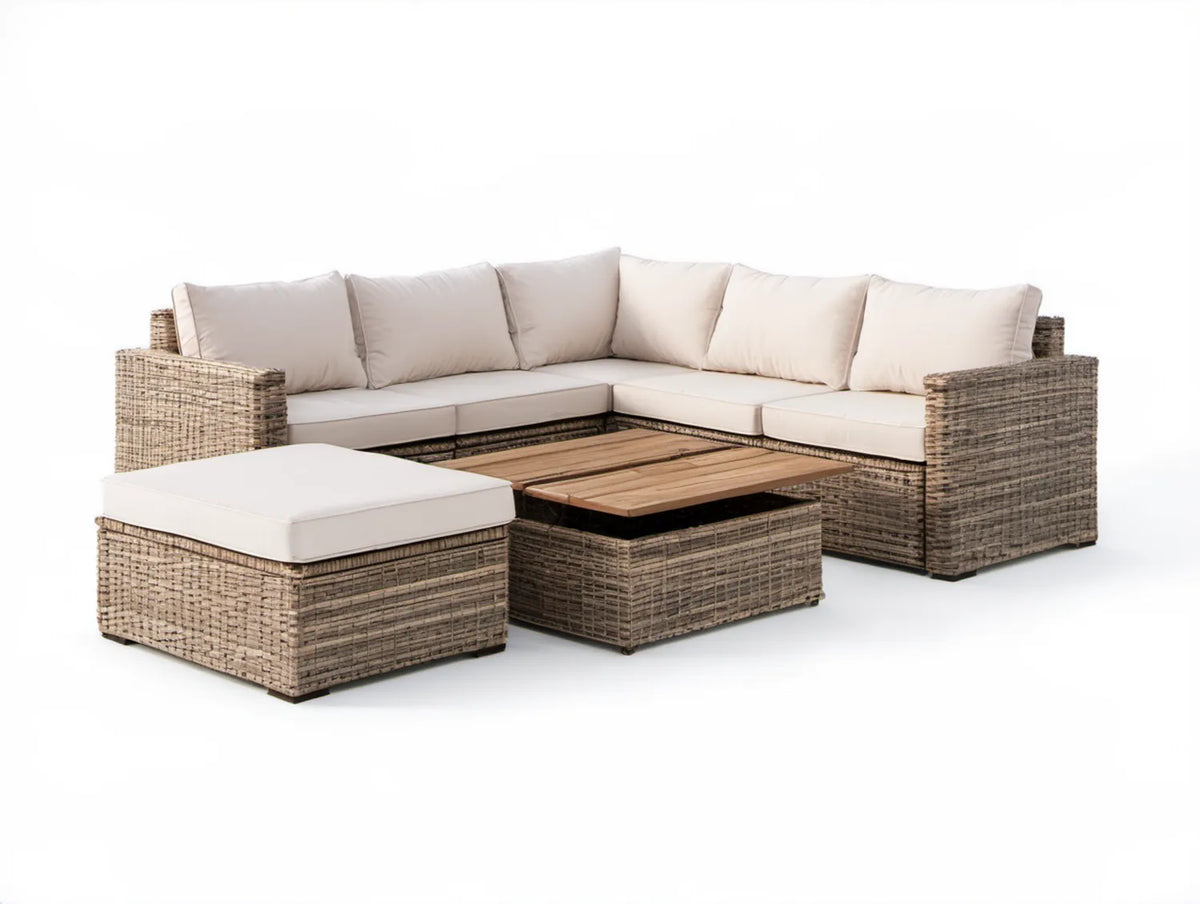 Narożny zestaw wypoczynkowy z technorattanu Taupe/Beżowy, 5-elementowy, 240 × 240 × 85 cm