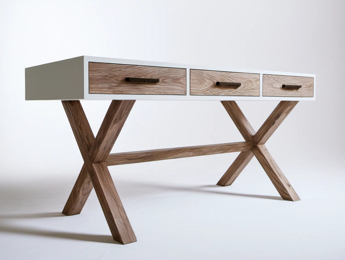 Biurko prostokątne z 3 szufladami, białe/orzechowe/czarne, 160 × 60 × 75 cm