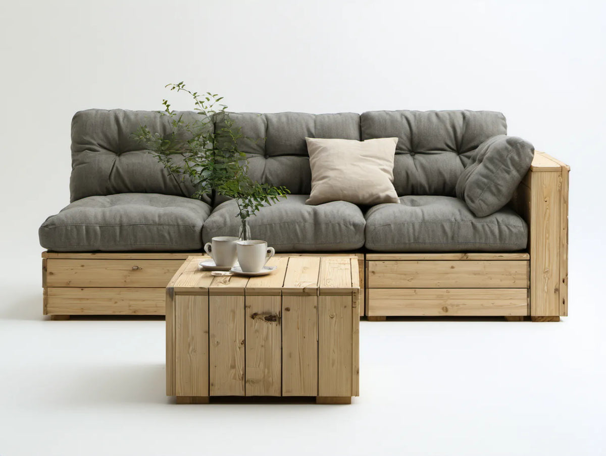 Zestaw ogrodowy z 3-osobową sofą i stolikiem, szary/naturalne drewno sosnowe, sofa 210 x 75 x 75 cm, stolik 80 x 60 x 45 cm