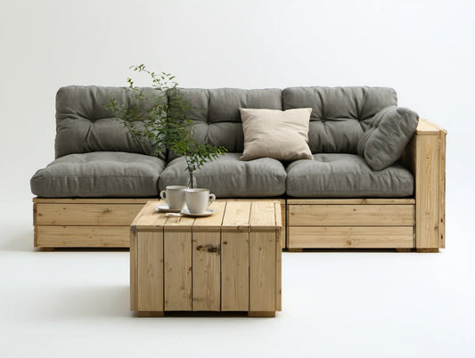Zestaw ogrodowy z 3-osobową sofą i stolikiem, szary/naturalne drewno sosnowe, sofa 210 x 75 x 75 cm, stolik 80 x 60 x 45 cm