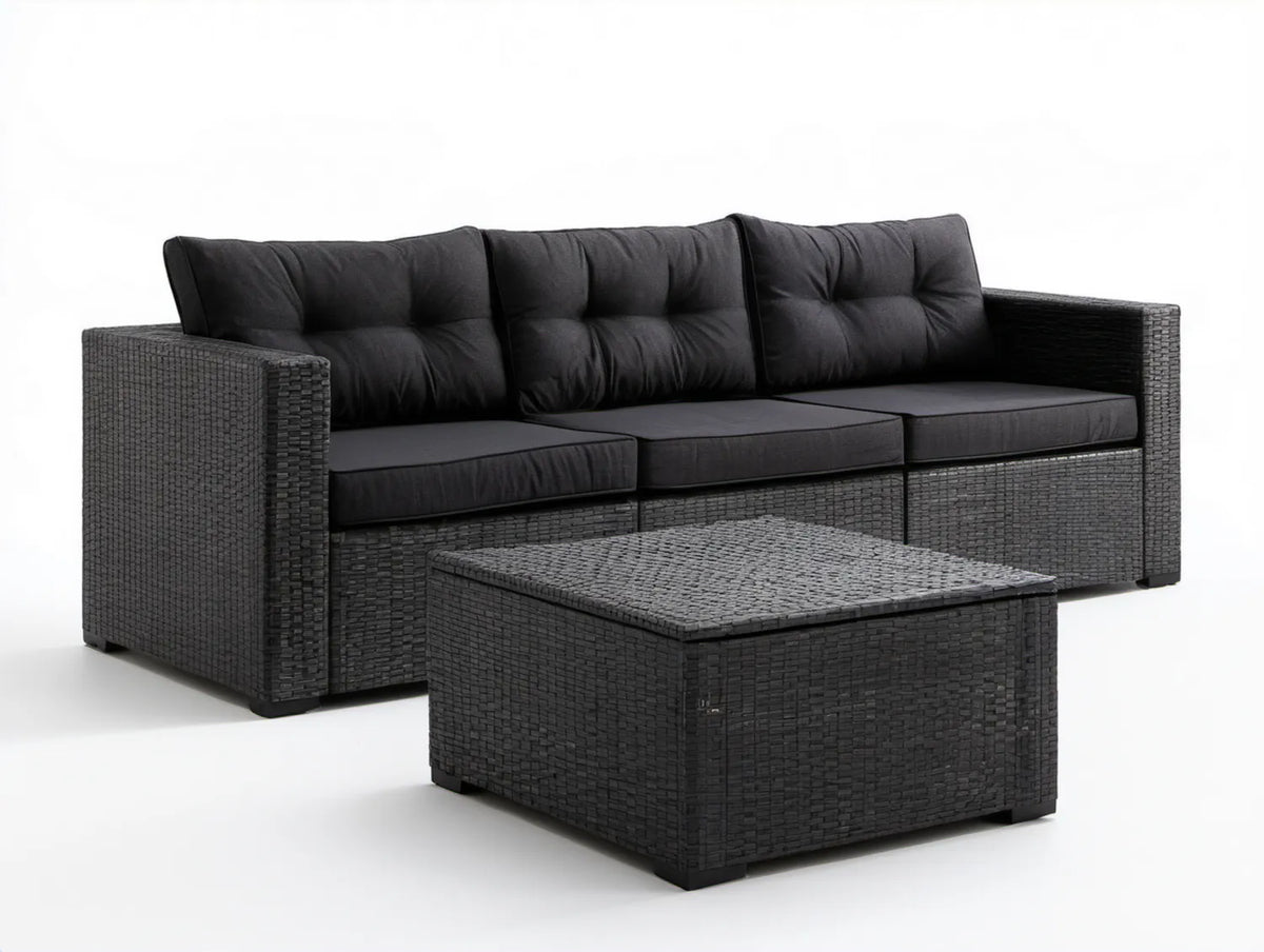 Czarny zestaw ogrodowy z technorattanu PE, 3-osobowa sofa 190 x 70 x 60 cm i stolik 100 x 60 x 46 cm