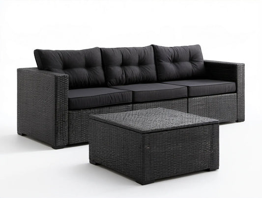 Czarny zestaw ogrodowy z technorattanu PE, 3-osobowa sofa 190 x 70 x 60 cm i stolik 100 x 60 x 46 cm