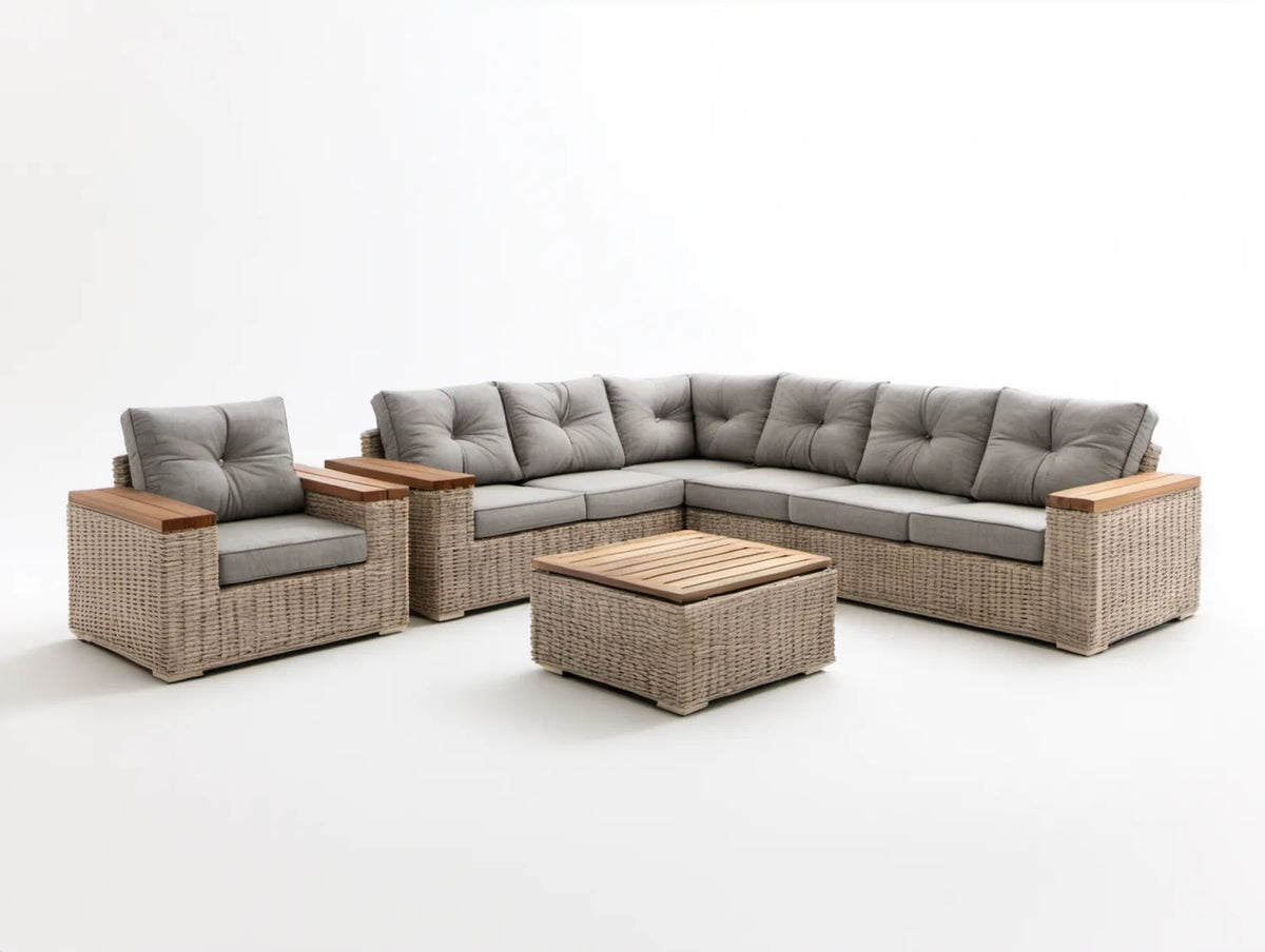 7-elementowy zestaw ogrodowy z sofą narożną, fotelem i stolikiem, szary/beżowy/brązowy, sofa 268 × 198 × 82 cm, stolik 100 × 60 × 45 cm