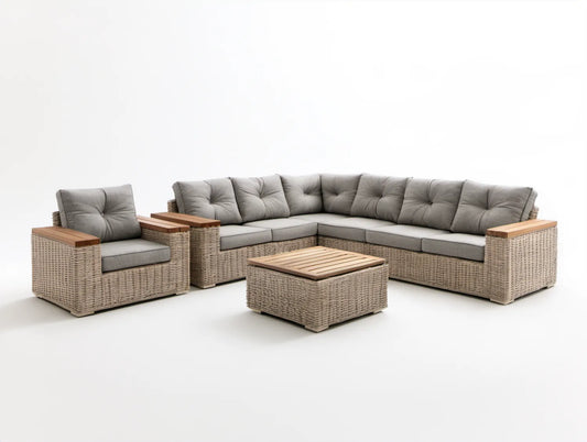 7-elementowy zestaw ogrodowy z sofą narożną, fotelem i stolikiem, szary/beżowy/brązowy, sofa 268 × 198 × 82 cm, stolik 100 × 60 × 45 cm