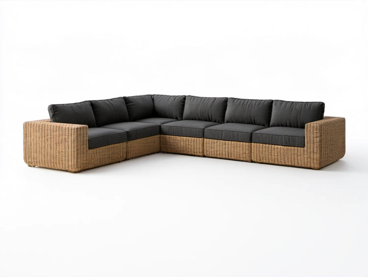 Modułowa narożna sofa ogrodowa 5-osobowa z technorattanu, naturalny brąz/czarny, 300 x 220 x 75 cm, kształt L