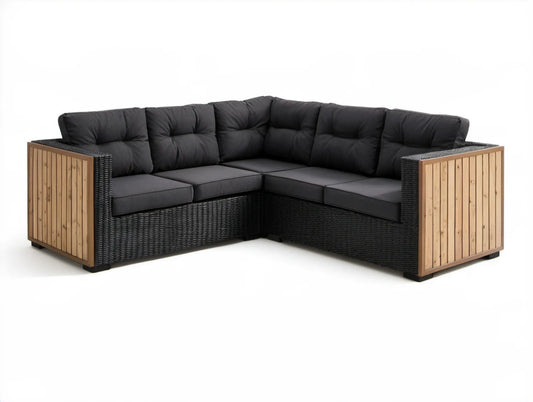 Modułowy narożnik ogrodowy w kształcie L z technorattanu PE i drewna akacjowego, czarny i naturalny brąz, 220 x 220 x 85 cm