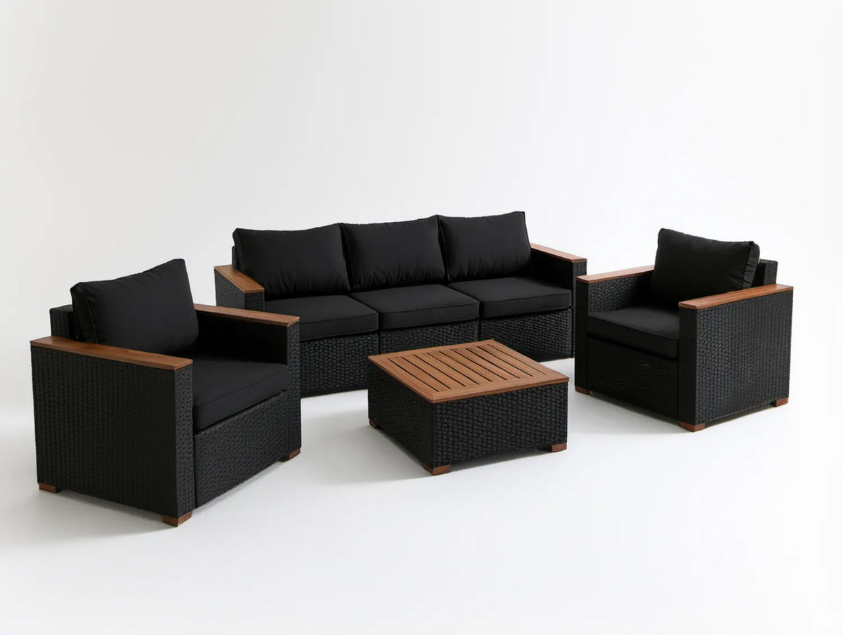 4-częściowy komplet mebli ogrodowych z technorattanu PE, czarno-brązowy, sofa 180 × 58 × 58 cm, fotele 58 × 58 × 58 cm, stolik 70 × 45 × 32 cm