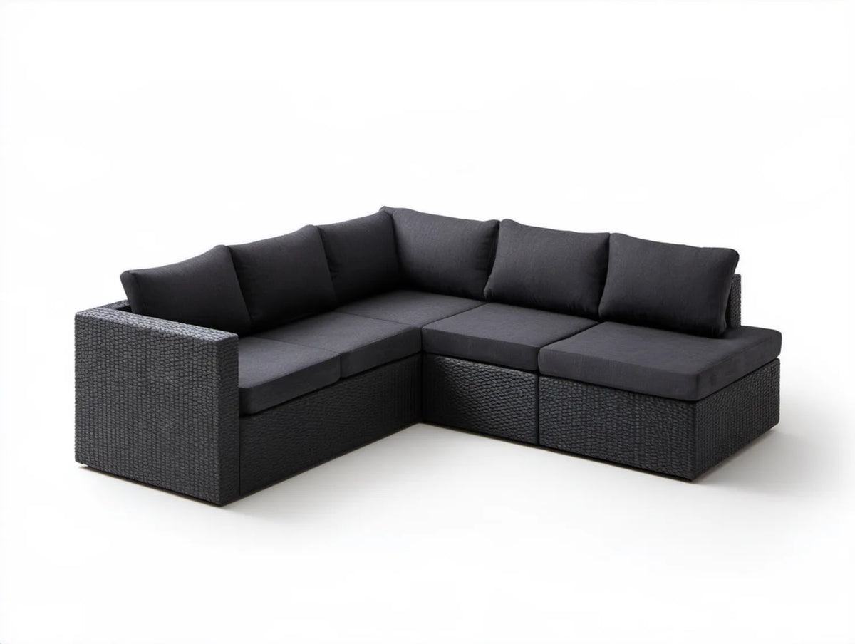 Narożna sofa ogrodowa 5-osobowa z technorattanu PE, czarno-ciemnoszara, 260 × 200 × 75 cm