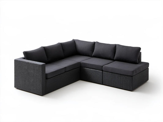 Narożna sofa ogrodowa 5-osobowa z technorattanu PE, czarno-ciemnoszara, 260 × 200 × 75 cm