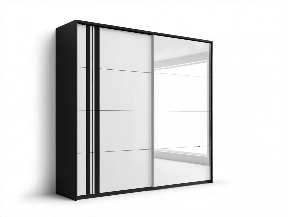 Czarno-biała szafa przesuwna z lustrem, 200 x 62 x 215 cm