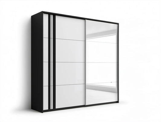 Czarno-biała szafa przesuwna z lustrem, 200 x 62 x 215 cm