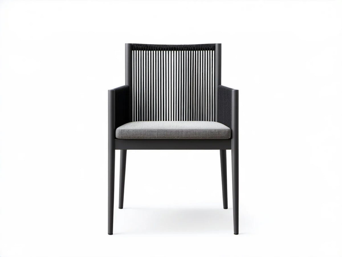 Krzesło z podłokietnikami, czarne/szare, aluminium i sznurek PP, 55 x 60 x 89 cm