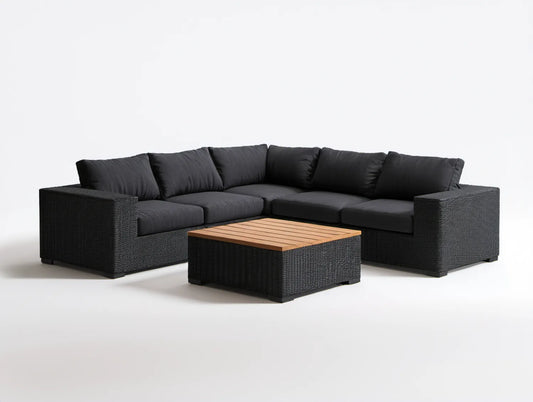 Czarno-brązowy narożny zestaw ogrodowy z technorattanu i drewna akacjowego, 230 × 180 × 65 cm