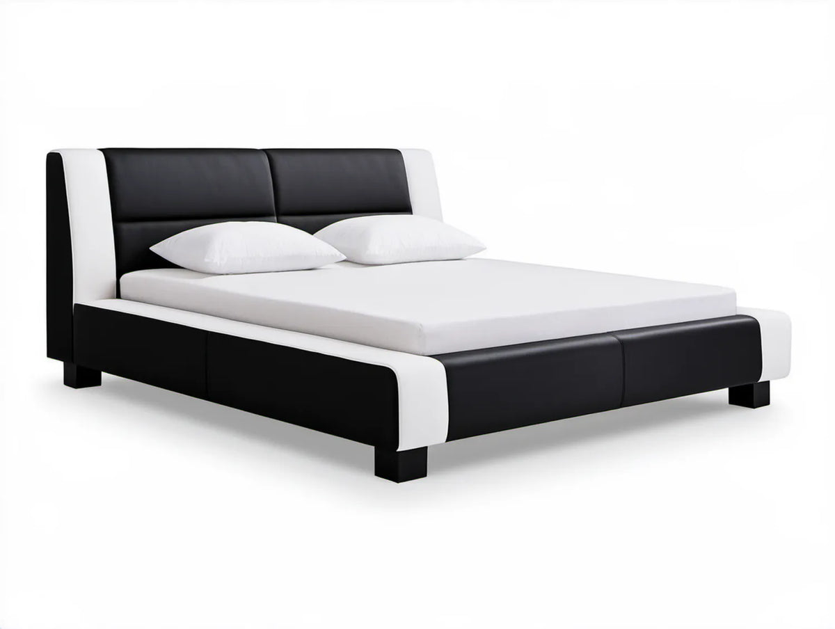Tapicerowane łóżko dwuosobowe czarno-białe z PVC, powierzchnia spania 160 x 200 cm