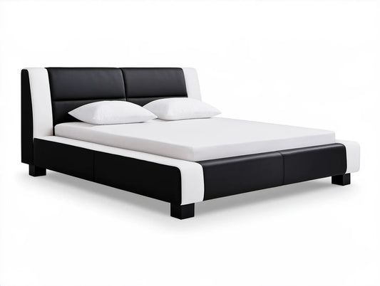 Tapicerowane łóżko dwuosobowe czarno-białe z PVC, powierzchnia spania 160 x 200 cm