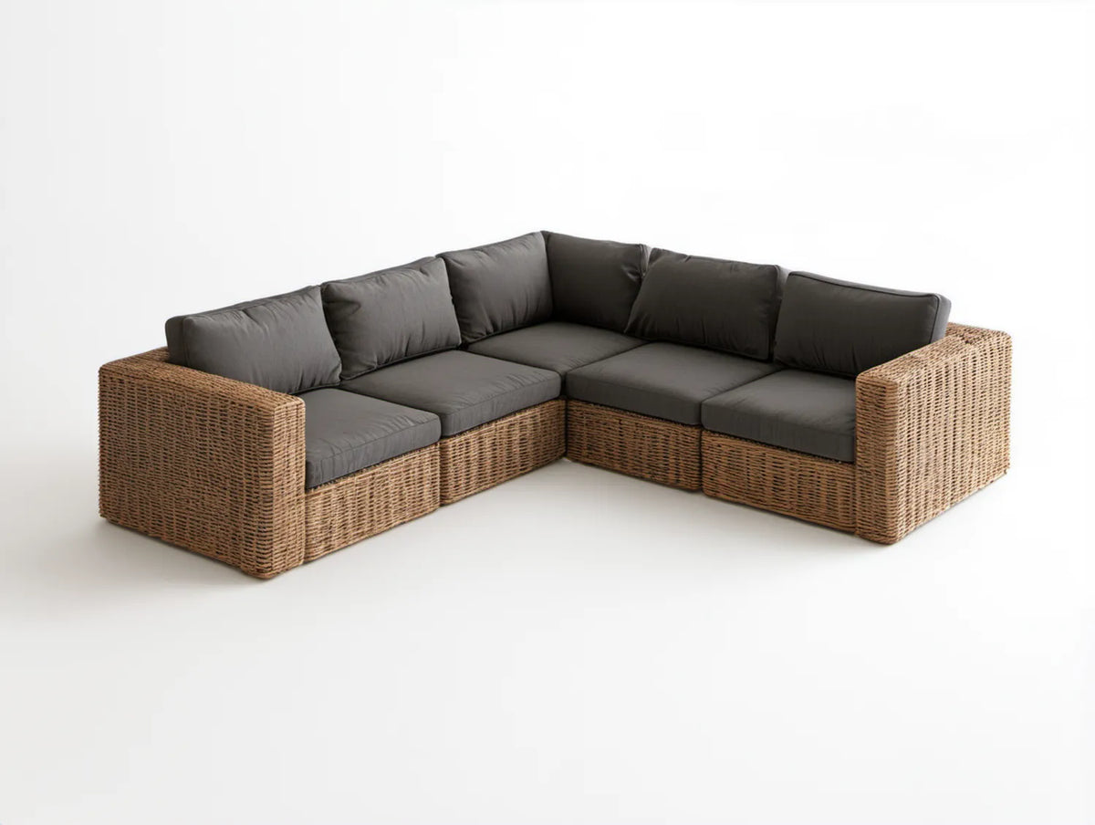 Narożna sofa ogrodowa 5-osobowa z technorattanu PE brązowa z grafitowymi poduszkami, 250 x 250 x 75 cm, kształt L
