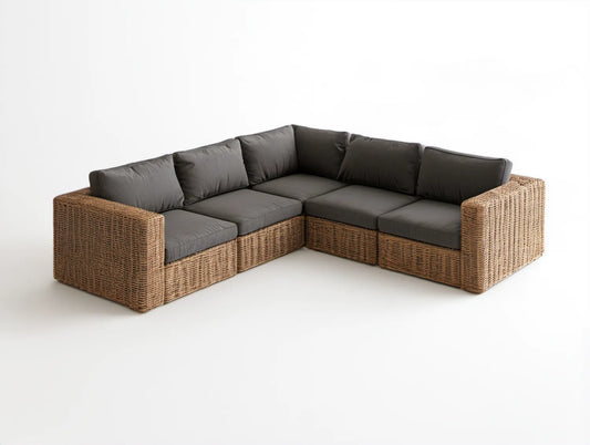 Narożna sofa ogrodowa 5-osobowa z technorattanu PE brązowa z grafitowymi poduszkami, 250 x 250 x 75 cm, kształt L