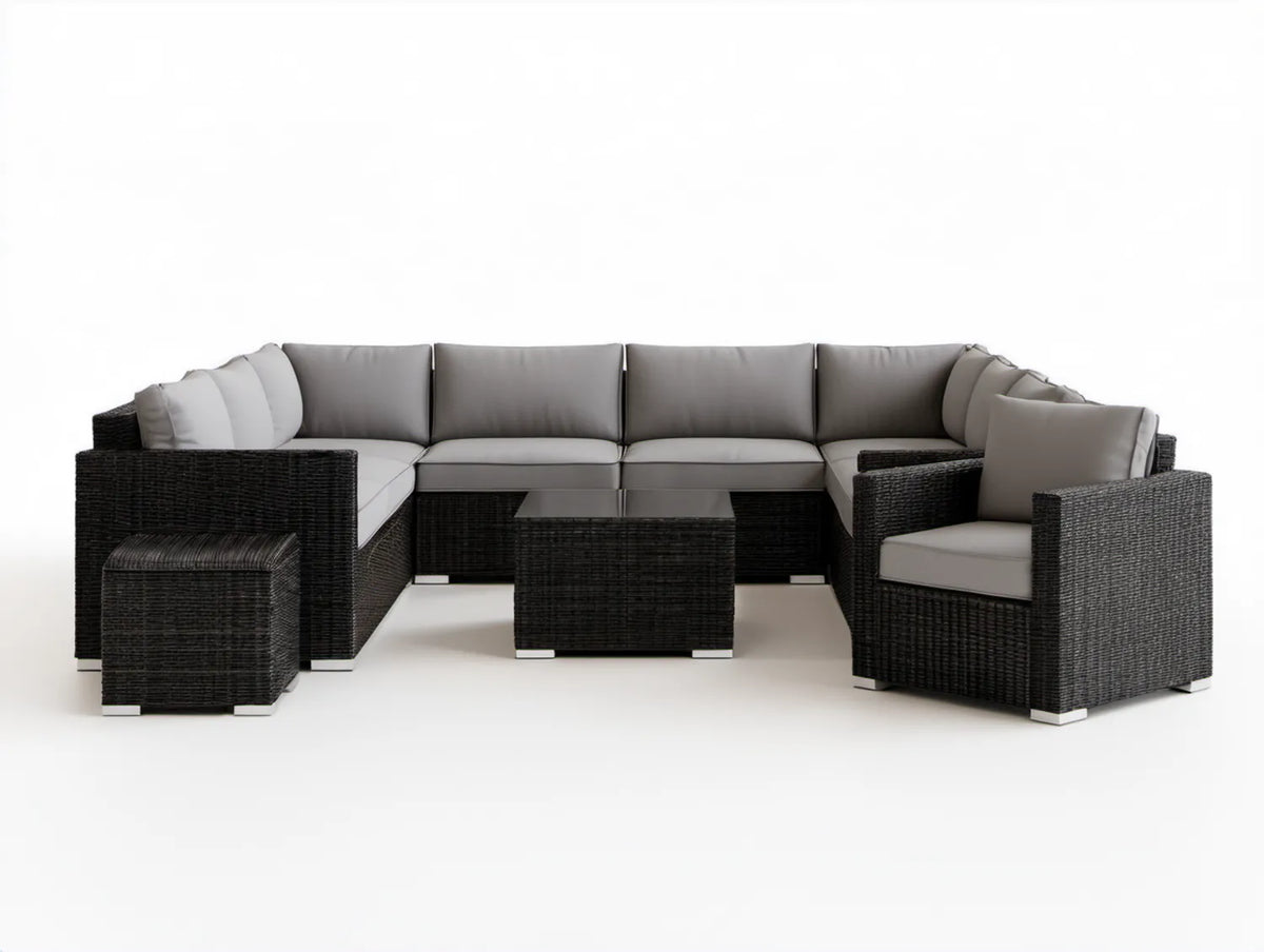 Modułowy zestaw wypoczynkowy z technorattanu, czarno-szary, 340 × 220 × 85 cm