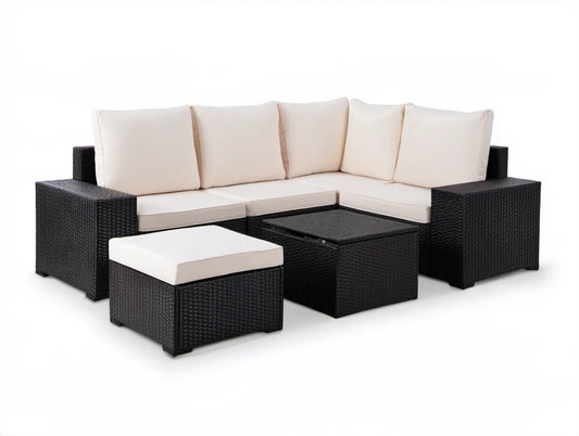 Narożnik ogrodowy z pufą i stolikiem, czarny rattan PE, kremowe poduszki, 180 × 180 × 63 cm