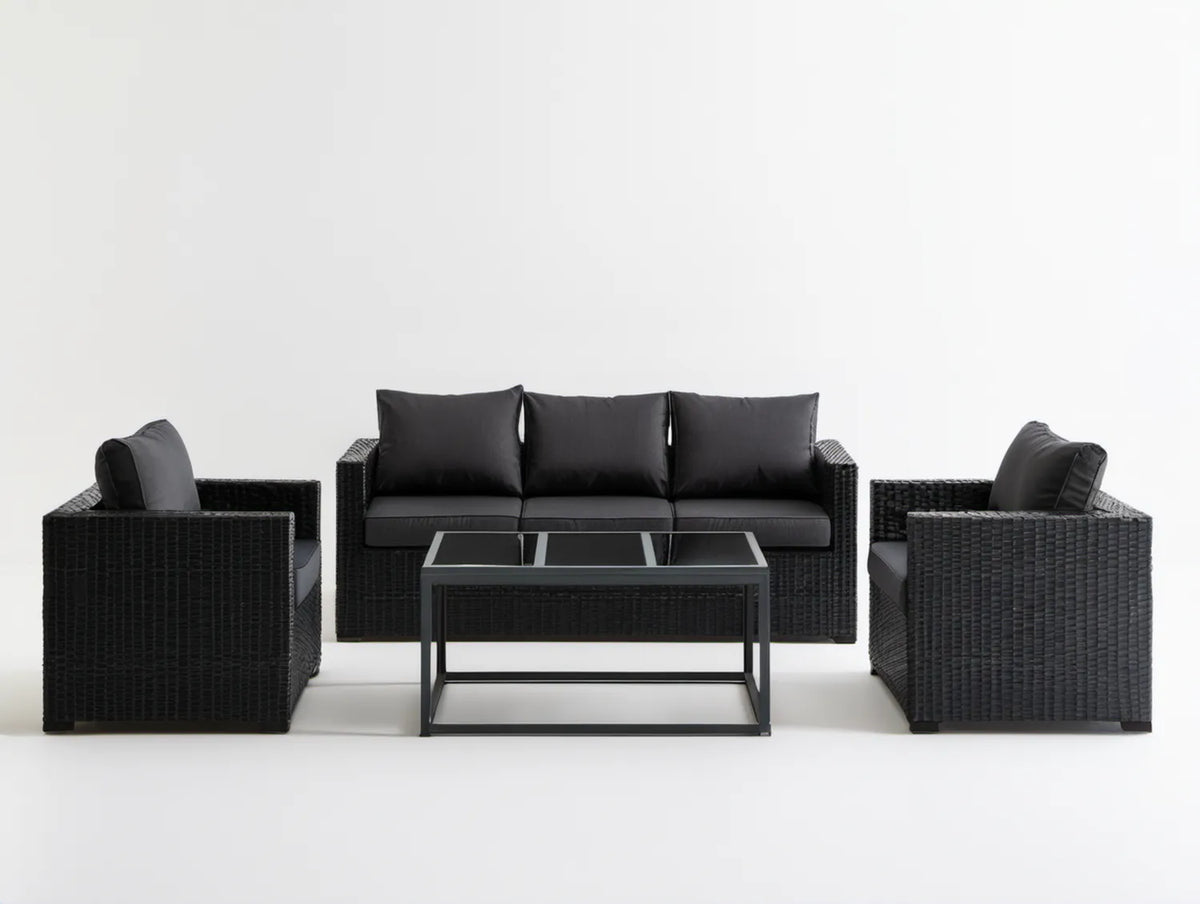 5-osobowy zestaw wypoczynkowy z technorattanu, czarny, sofa 180 × 65 × 66 cm, fotele 65 × 65 × 66 cm, stolik 100 × 50 × 45 cm