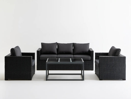 5-osobowy zestaw wypoczynkowy z technorattanu, czarny, sofa 180 × 65 × 66 cm, fotele 65 × 65 × 66 cm, stolik 100 × 50 × 45 cm