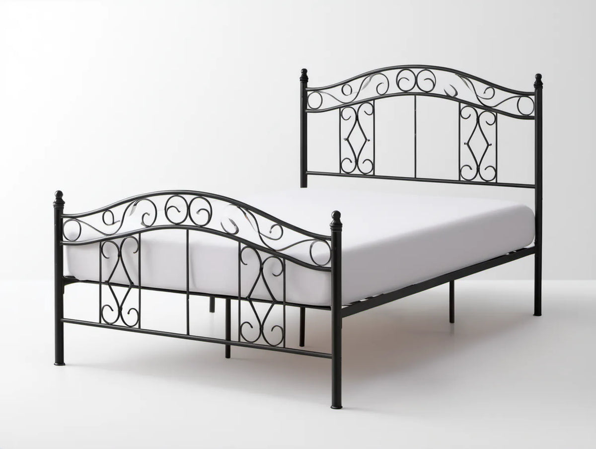 Czarne metalowe łóżko stalowe 140 x 200 cm z dekoracyjnym zagłówkiem i podnóżkiem