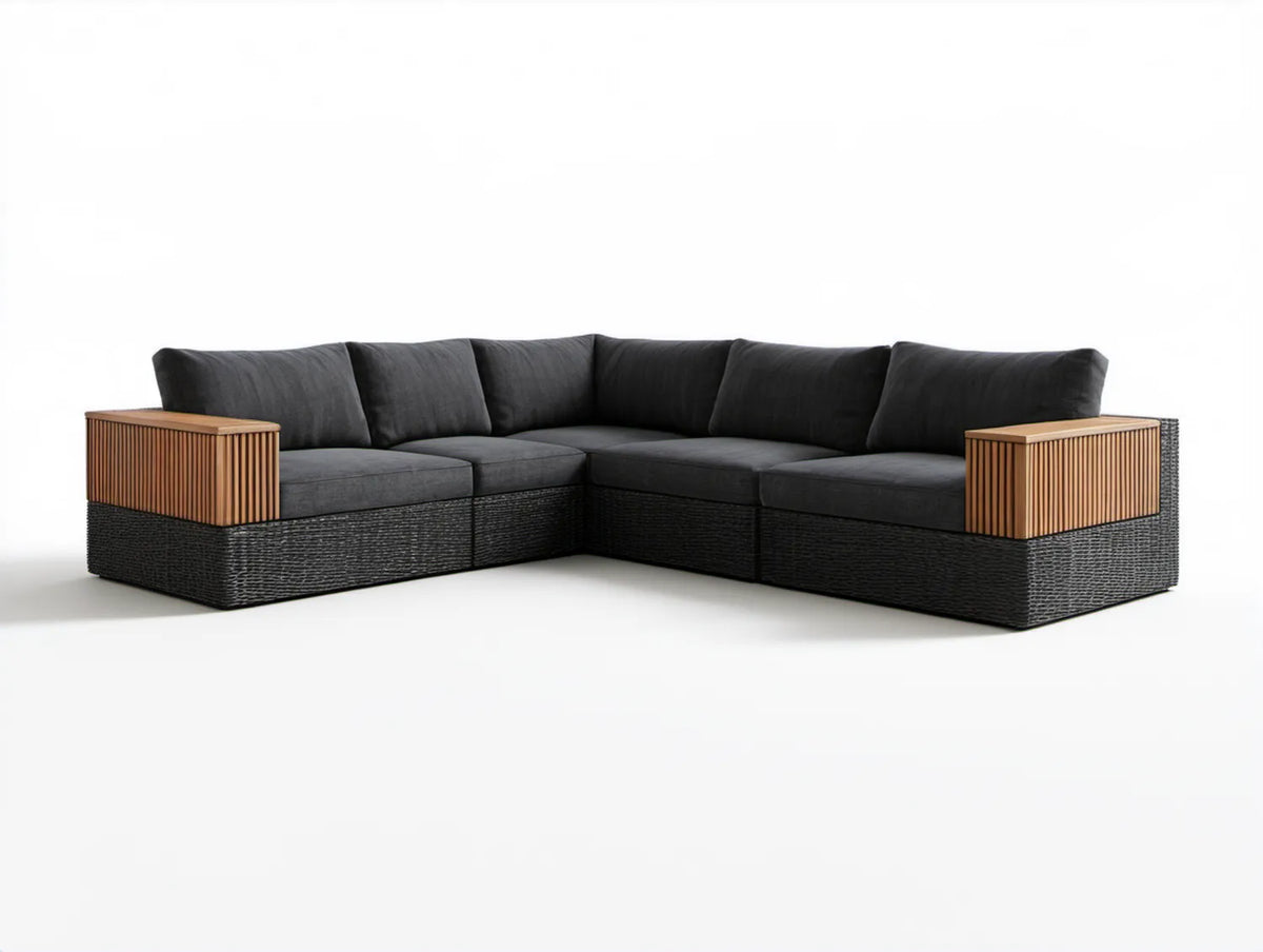 5-osobowy narożnik ogrodowy z technorattanu i drewna akacjowego, czarno-brązowy, 250 × 250 × 85 cm